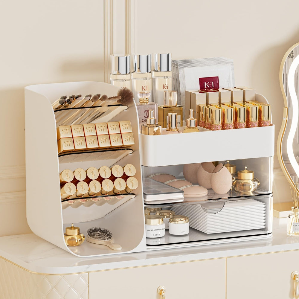 KQJS Makeup Organizer with Drawers front view highlighting large storage for cosmetics and brushes