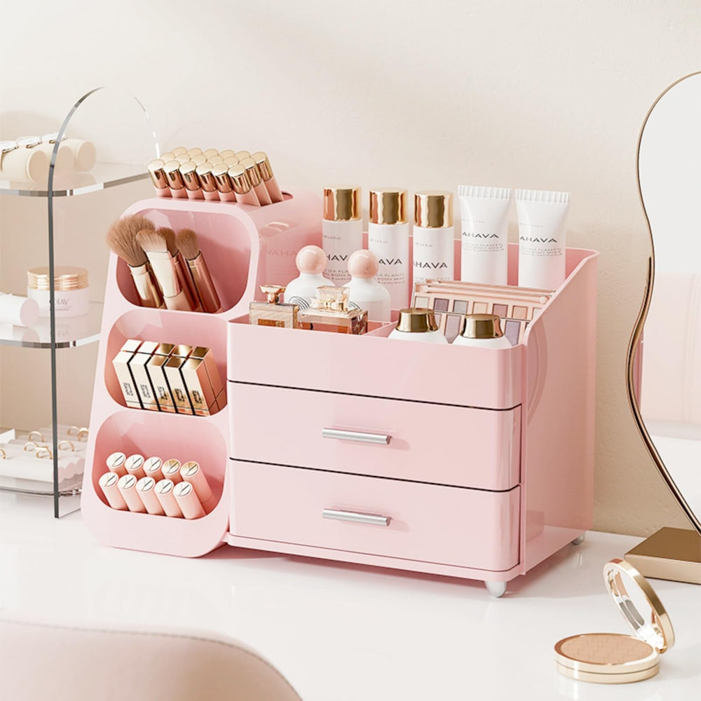 KQJS makeup organizer pink-front view with a large drawer for easy skincare storage