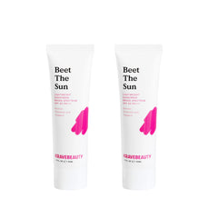 KraveBeauty Beet The Sun SPF 40 duo box packaging highlights recyclable packaging and vegan sunscreen.