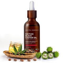 Kreyol Essence bottle label closeup—high-quality oil for scalp moisturization and lustrous hair.