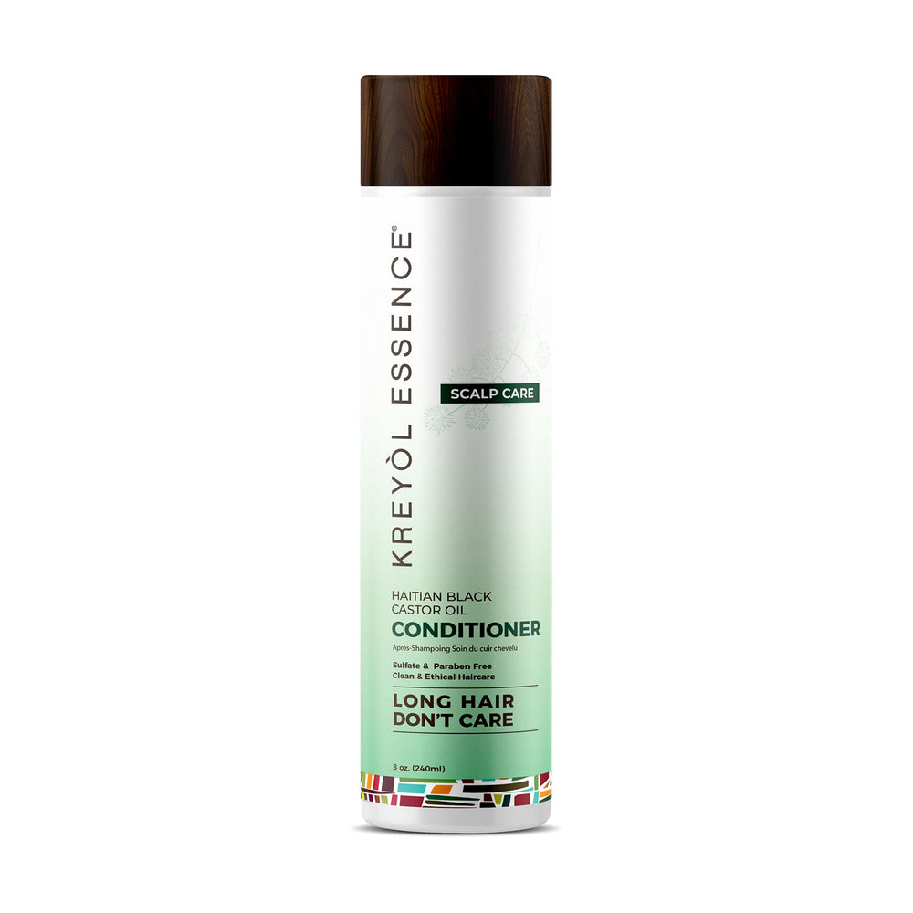 Kreyol Essence Scalp Care Conditioner bottle closeup for hydrated, shiny hair.