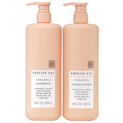 Kristin Ess Extra Gentle shampoo bottle closeup highlighting gentle cleansing for all hair types.