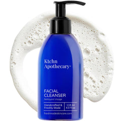 Ktchn Apothecary natural hydrating foaming facial cleanser bottle pouring for a gentle daily cleanse