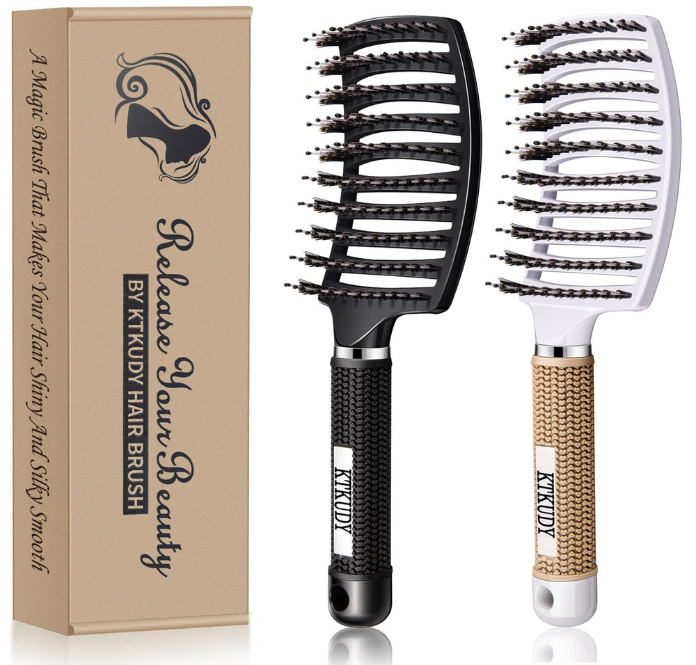 KTKUDY detangling brush close-up with boar bristles gliding through knots for smooth detangling.