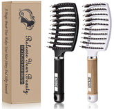 KTKUDY detangling brush close-up with boar bristles gliding through knots for smooth detangling.
