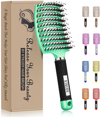KTKUDY detangling brush front view with boar bristles for smoother hair.