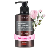 KUNDAL Honey & Macadamia Shampoo bottle closeup highlights long-lasting fragrance