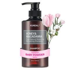KUNDAL Honey & Macadamia Shampoo bottle closeup highlights long-lasting fragrance