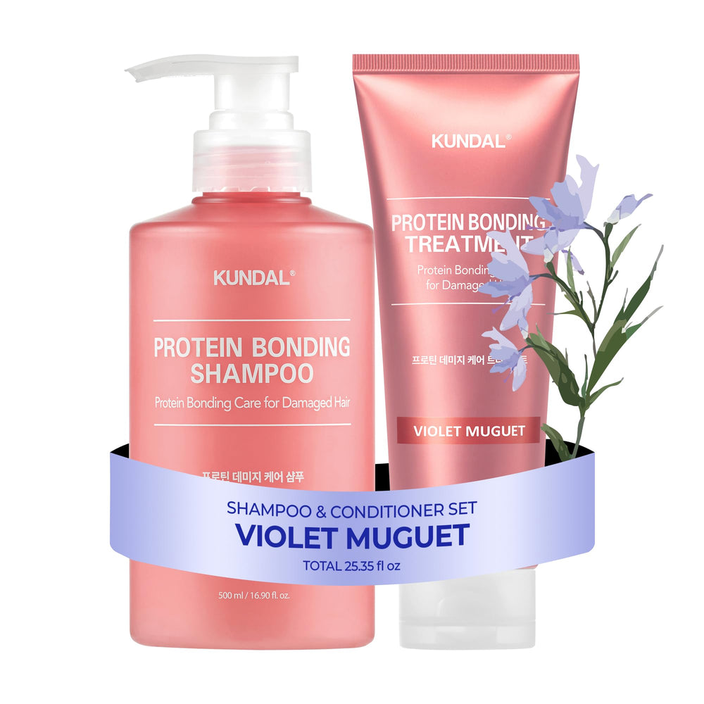 KUNDAL protein bonding shampoo bottle demonstrates bond-strengthening formula for smoother hair