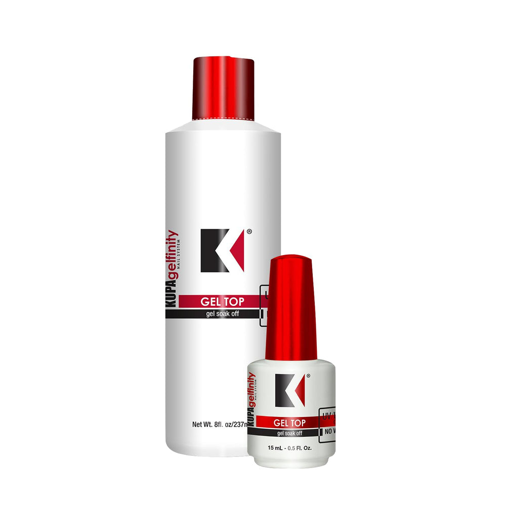 KUPA GelFinity topcoat bottle gloss delivers a high-shine finish for durable nails.