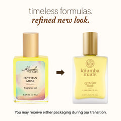 Kuumba Made Egyptian Musk bottle closeup highlights pure, alcohol-free performance for versatile use.