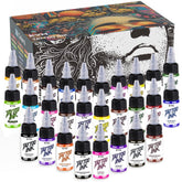KVM tattoo ink 28-color set packaging shows compact 0.5 oz bottles for easy storage.
