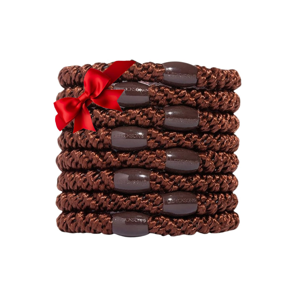 L. Erickson coffee brown hair ties eight pack shown for strong all day hold