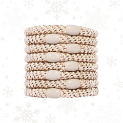 L. Erickson 8-pack camel beige pony hair ties for strong, creaseless hold.