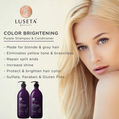 L LUSETA purple conditioner bottle adds moisture and shine for gray hair.