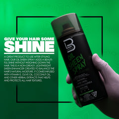 L3 Level 3 Oil Sheen Spray in hands delivering a lightweight mist for non-greasy shine