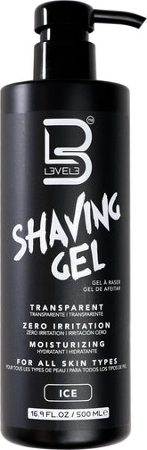 L3 Shaving Gel Ice bottle front view highlights a clear gel for precise shaving.