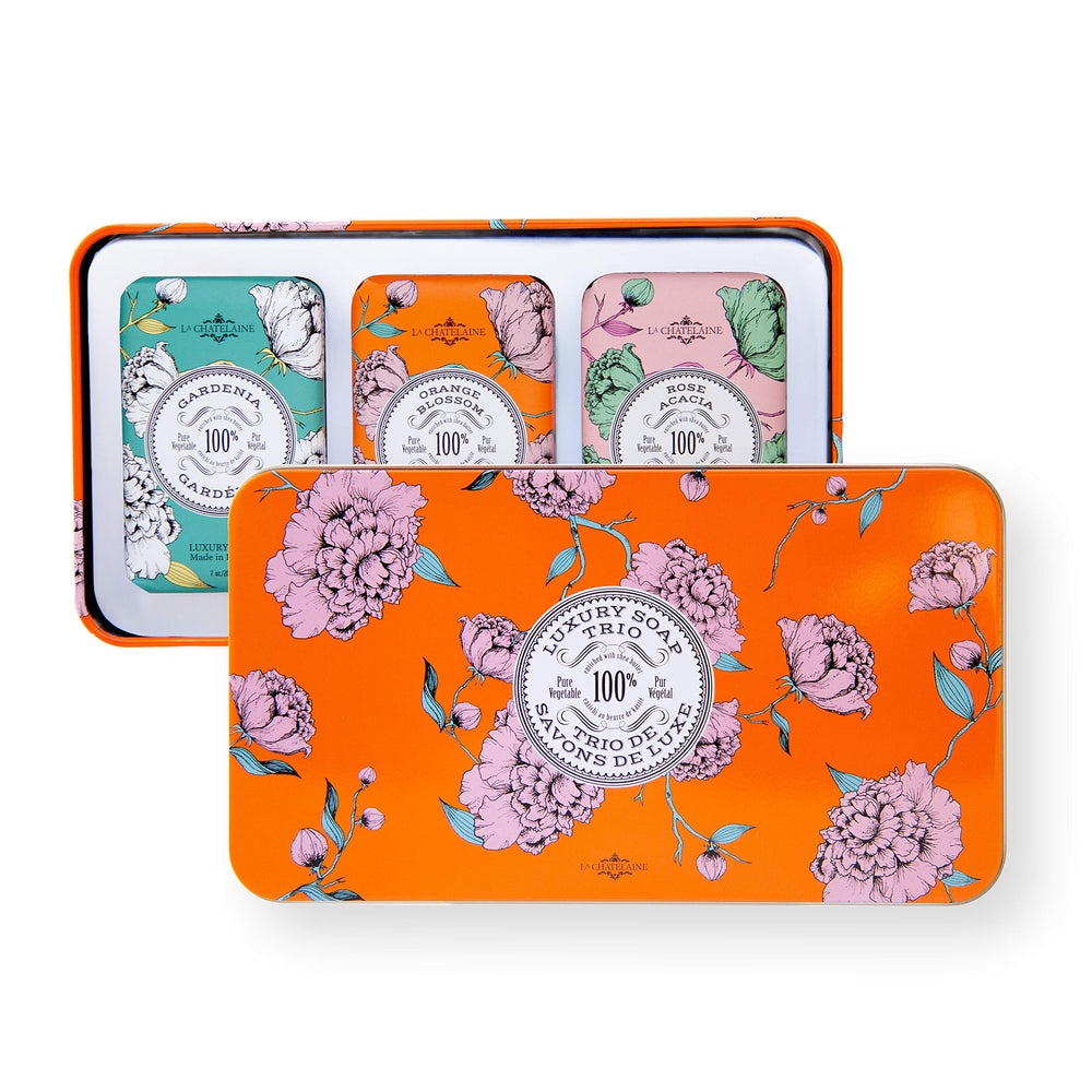 La Chatelaine luxury bar soap trio tin with triple milled bars for daily cleansing.