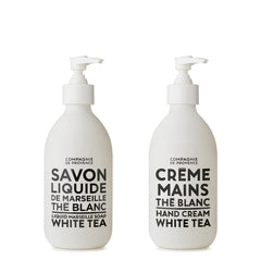 La Compagnie de Provence liquid soap White Tea pump bottle for gentle cleansing and spa-like aroma.