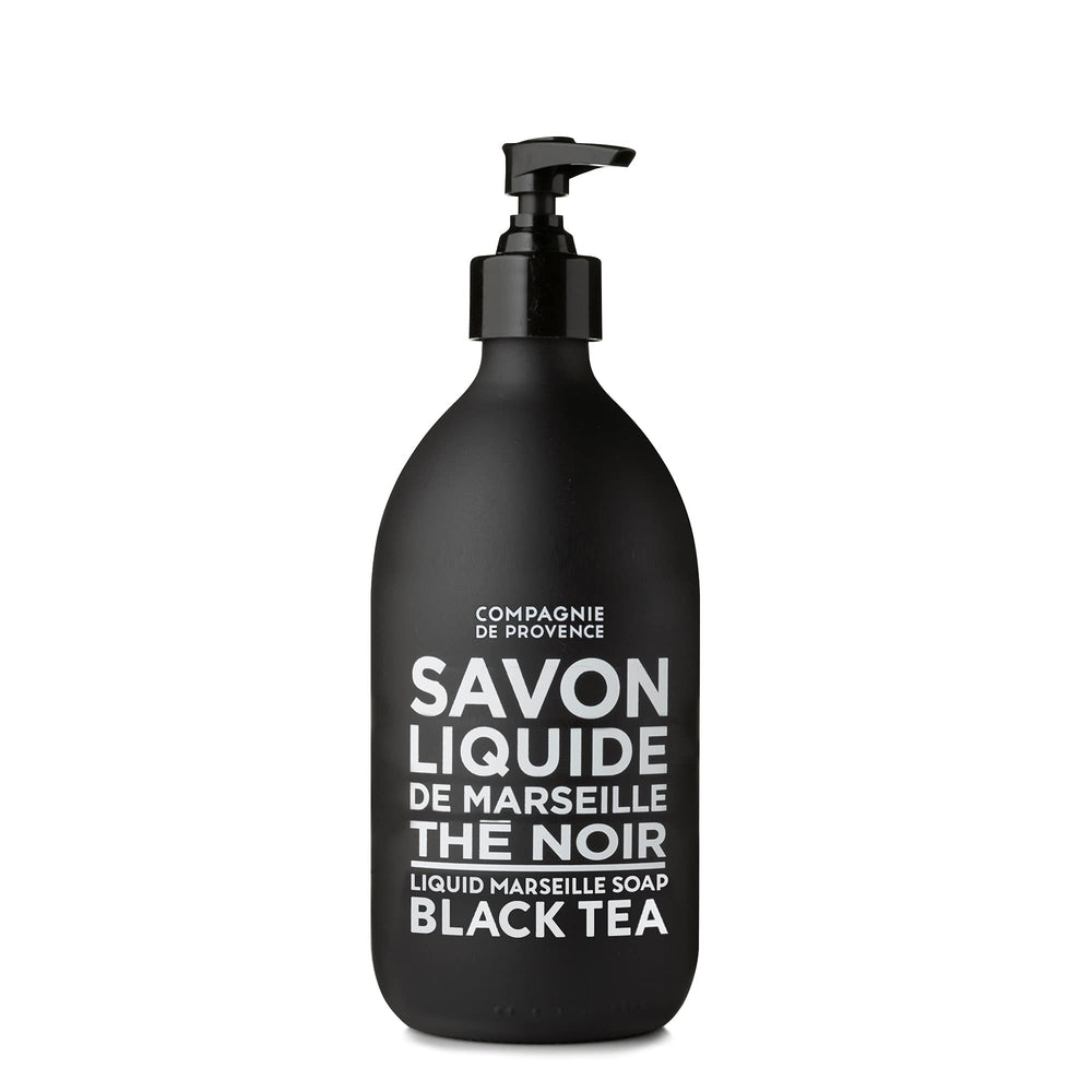 La Compagnie de Provence Savon de Marseille Black Tea bottle—premium packaging for elegant hand washing.