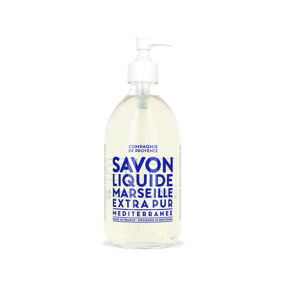 La Compagnie de Provence Savon de Marseille Extra Pure Mediterranean Sea pump bottle delivers refreshing coastal cleansing.