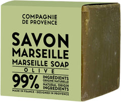 La Compagnie de Provence Savon Marseille Olive Soap Cube front packaging showing authentic Marseille craft.