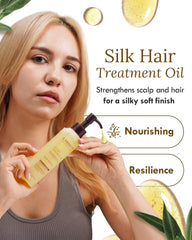 Labiotte Silk Oil in amber bottle showcasing frizz control and shine.