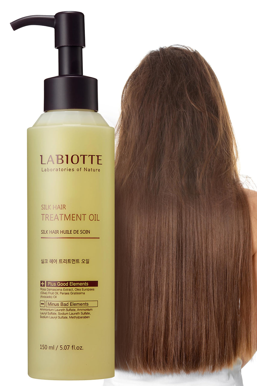 Labiotte Silk Oil Hair Treatment bottle with pour for easy application and nourishment.