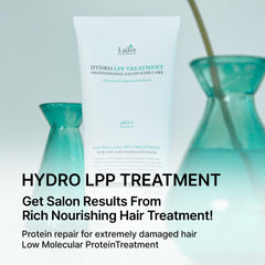 LA'DOR Hydro LPP anti-frizz mask in use demonstrates intensive conditioning after styling.