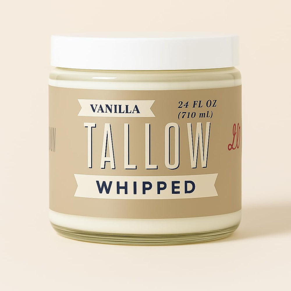 Lady May Tallow bottle with vanilla whipped tallow shows creamy texture for deep hydration.