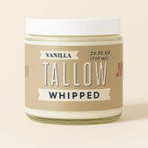 Lady May Tallow bottle with vanilla whipped tallow shows creamy texture for deep hydration.