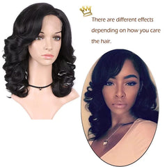 Lady Miranda nature-curly synthetic wig in black enhances texture and realism for cosplay or parties