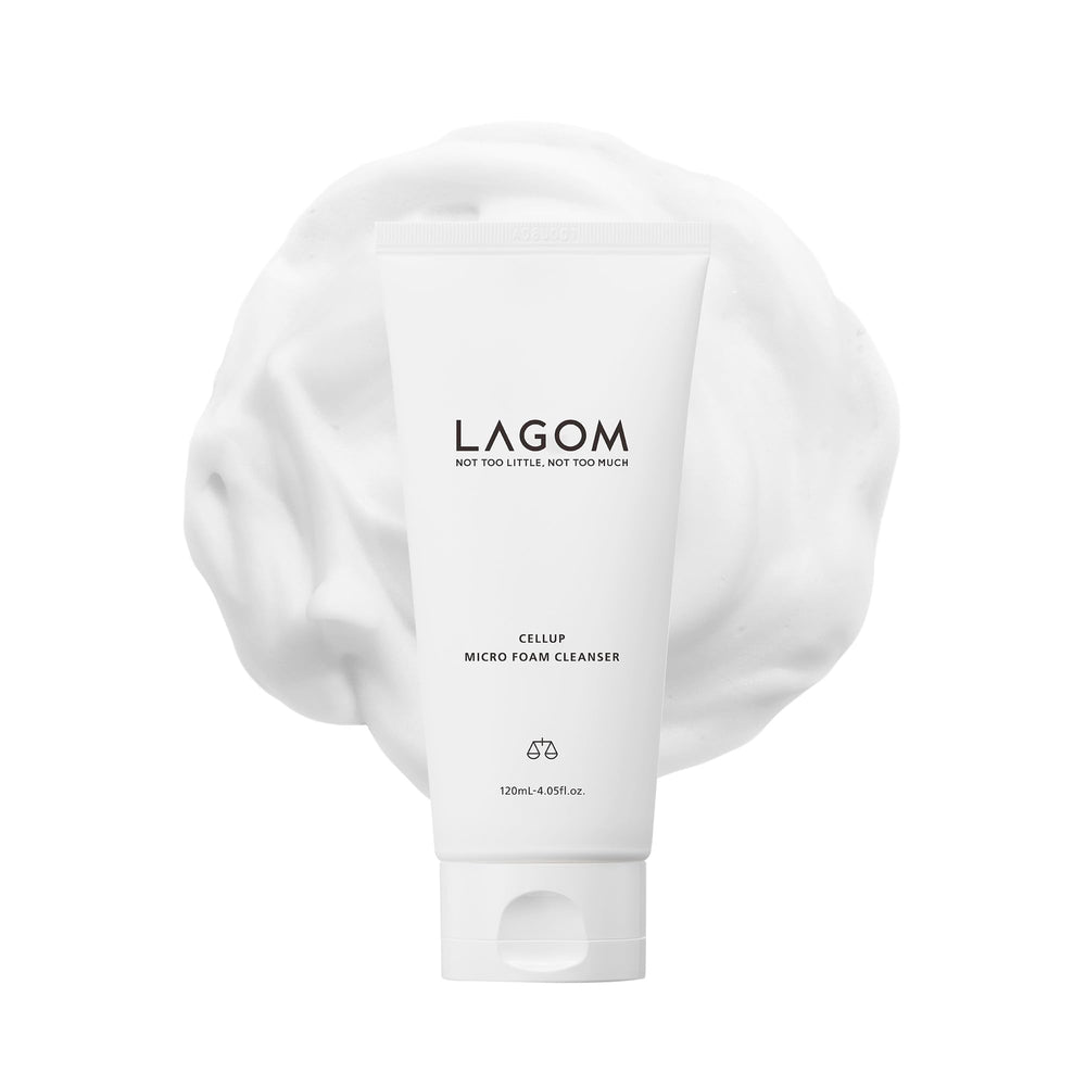 Lagom Cellup micro-foam cleanser bottle closeup shows dense bubbles for deep makeup removal.