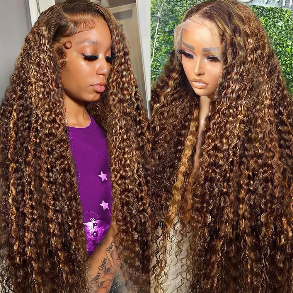 LAINSS highlight deep wave lace front wig 28 inch for versatile parting and style