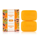 LAISAE papaya exfoliating soap bar closeup shows brightening formula for even tone.