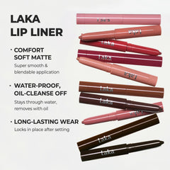 Model wearing Laka lip liner #14 Deep Currant demonstrating defined, natural-looking lip contour