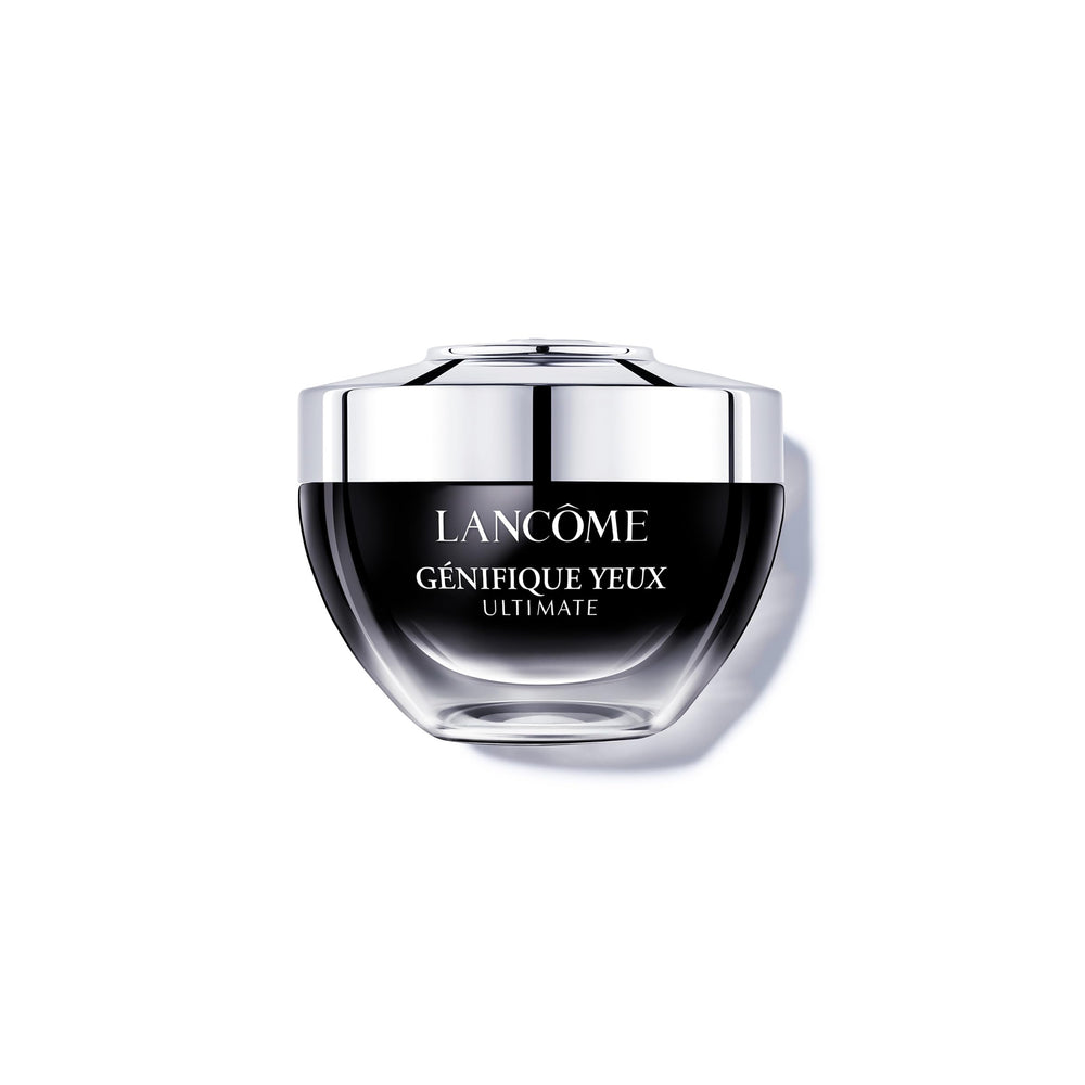 Lancôme Génifique Eye Cream bottle closeup showing luxurious hydration.