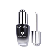 Lancôme Génifique Ultimate Dual Recovery Serum bottle closeup indicating intense hydration for smoother skin