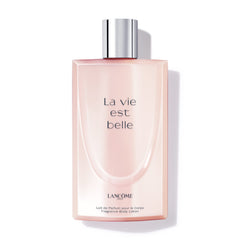 Lancôme La Vie Est Belle body lotion bottle close-up shows hydration and signature scent