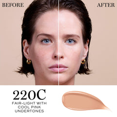 Lancôme Teint Idole Care Glow SPF 27 swatch demonstrates luminous finish.
