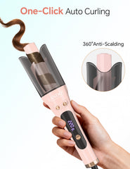 LANDOT anti-tangle 2-way rotation curling wand wraps hair smoothly with minimal snag.