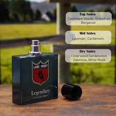 Lane Frost Legendary Cologne bottle closeup cedarwood notes deliver a rich woodsy scent