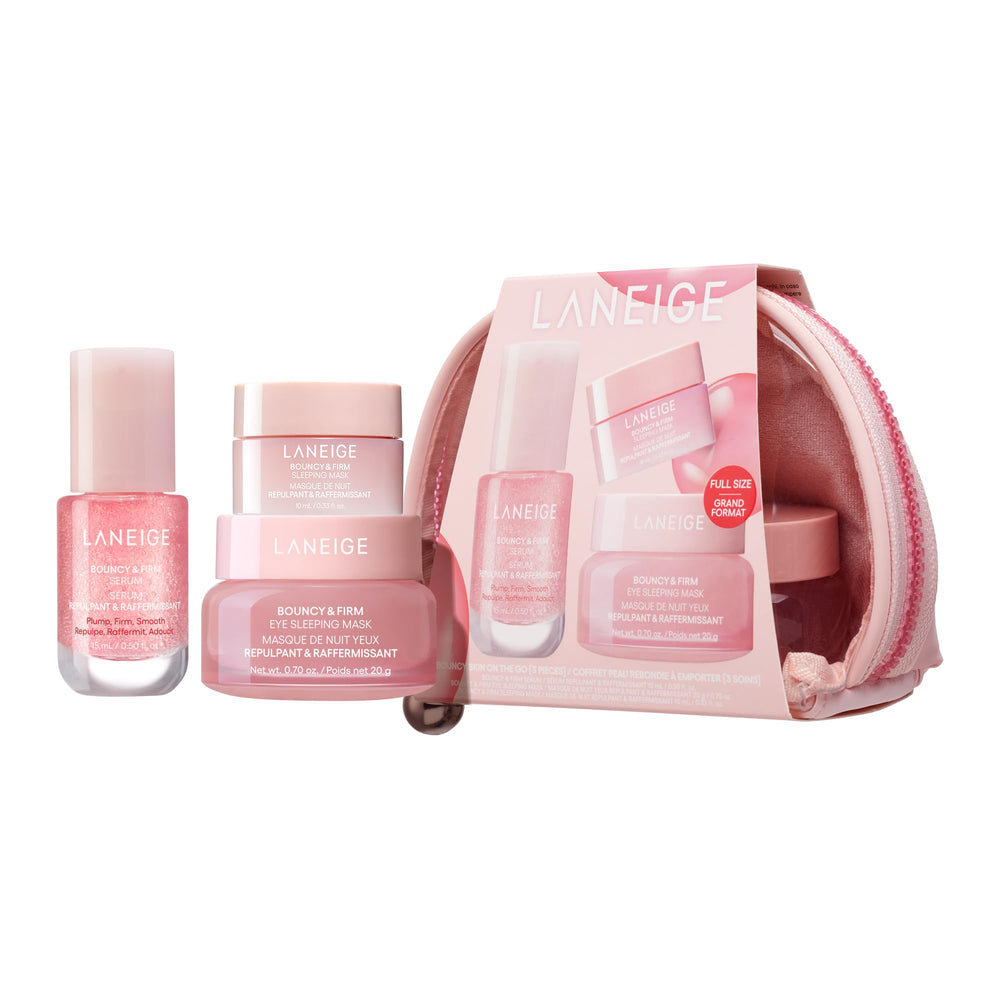 LANEIGE front packaging showing kit contents and travel pouch benefit