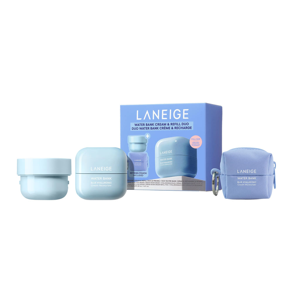 LANEIGE front packaging showing jar and refill, highlights sustainable design benefit