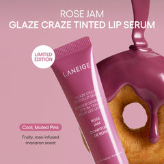LANEIGE macro of Rose Jam on lips showing cool pink color and plumped appearance