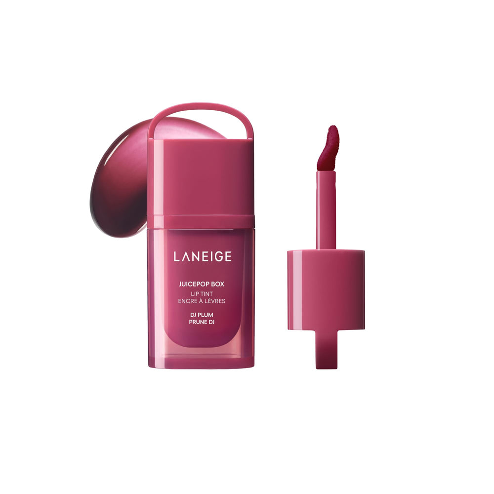 LANEIGE JuicePop Box front packaging showing DJ Plum shade and compact tube benefit portability