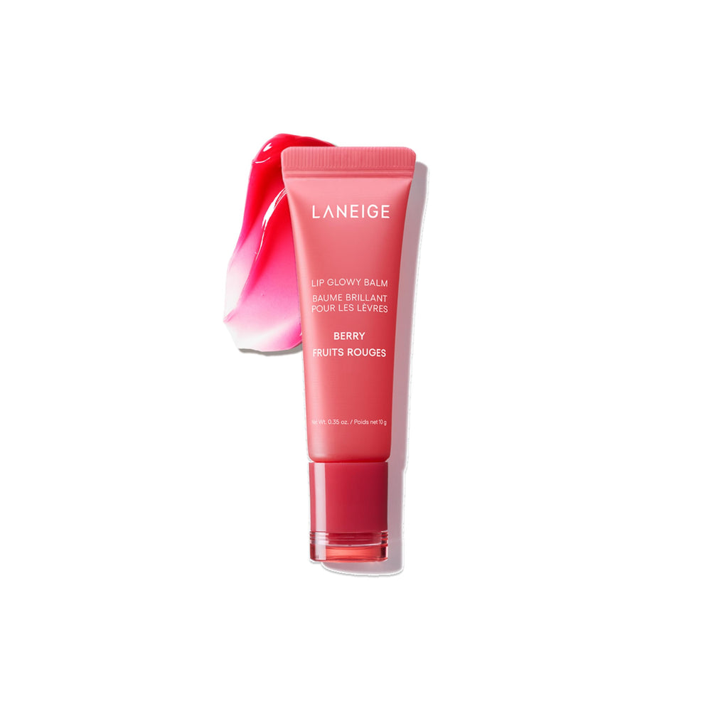 LANEIGE front view of Lip Glowy Balm showing compact tube and berry shade for travel convenience