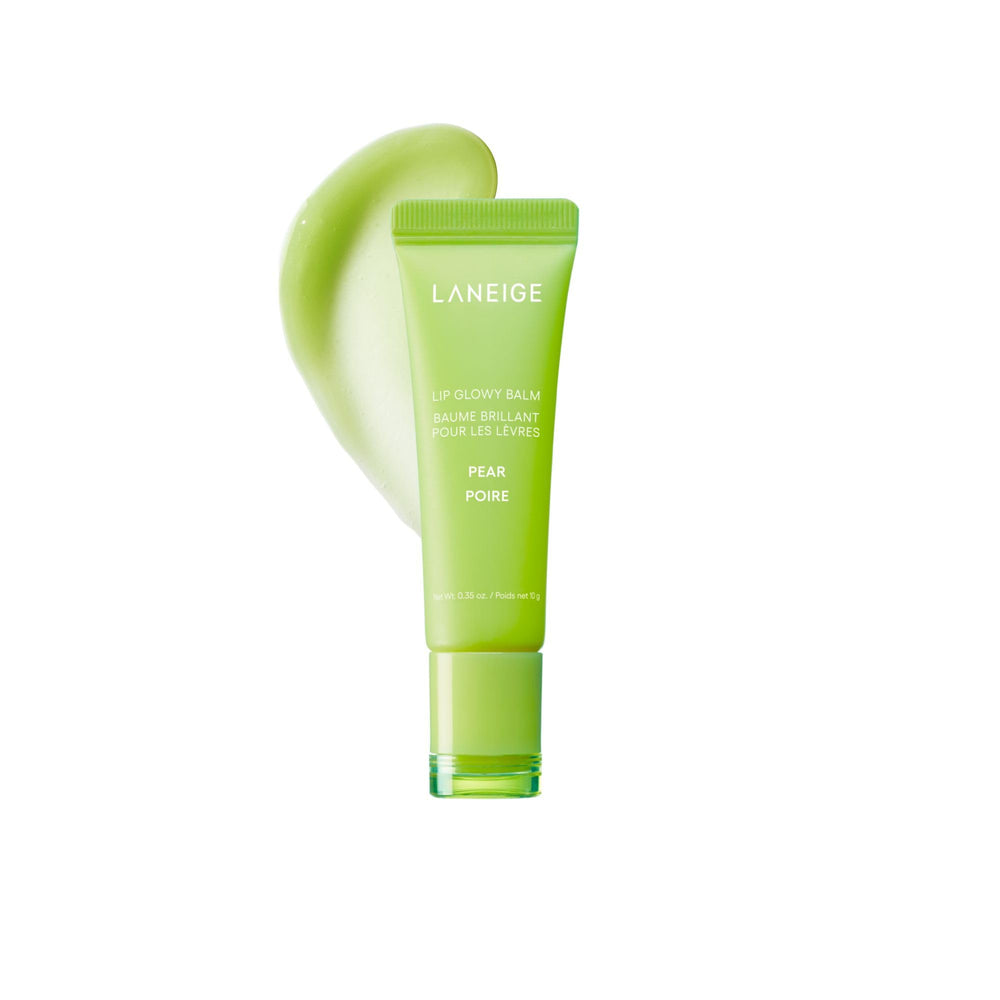 LANEIGE front view of lip glowy balm tube showing pear scent and glossy finish benefit