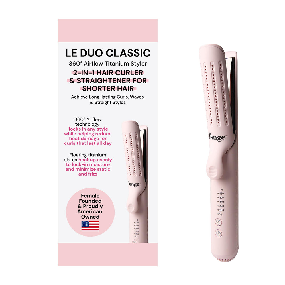 L'ANGE HAIR Le Duo titanium plates provide even heat for smooth styling.