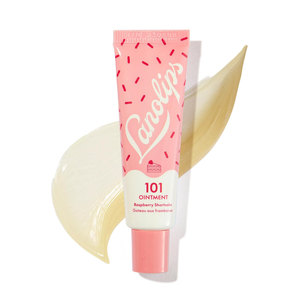 Lanolips 101 Ointment Raspberry Shortcake packaging highlights premium lip care for on-the-go hydration.